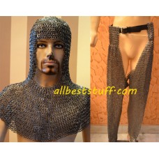 Medieval Chain Mail Legging & Coif Set in Flat Riveted Rings 16G 9mm
